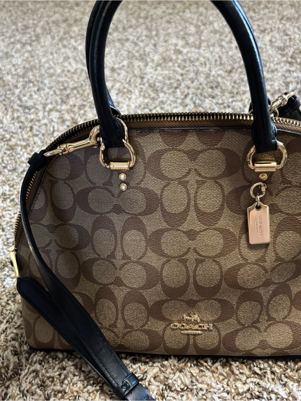 Like New Classic Authentic Coach Brown Signature Dome Satchel w/Black Handle